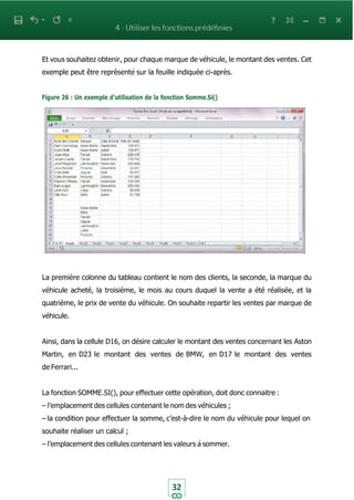 32
Et vous souhaitez obtenir, pour chaque marque de véhicule, le montant des ventes. Cet
exemple peut être représenté sur la feuille indiquée ci-après.
Figure 26 : Un exemple d’utilisation de la fonction Somme.Si()
La première colonne du tableau contient le nom des clients, la seconde, la marque du
véhicule acheté, la troisième, le mois au cours duquel la vente a été réalisée, et la
quatrième, le prix de vente du véhicule. On souhaite repartir les ventes par marque de
véhicule.
Ainsi, dans la cellule D16, on désire calculer le montant des ventes concernant les Aston
Martin, en D23 le montant des ventes de BMW, en D17 le montant des ventes
de Ferrari...
La fonction SOMME.SI(), pour effectuer cette opération, doit donc connaitre :
– l’emplacement des cellules contenant le nom des véhicules ;
– la condition pour effectuer la somme, c’est-à-dire le nom du véhicule pour lequel on
souhaite réaliser un calcul ;
– l’emplacement des cellules contenant les valeurs à sommer.
 