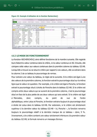 41
Figure 32: Exemple d’utilisation de la fonction Recherchev()
4.6.3 LE MODE DE FONCTIONNEMENT
La fonction RECHERCHEV() ainsi définie fonctionne de la manière suivante. Elle regarde
tout d’abord la valeur contenue dans le critère, ici la valeur contenue en B2. Ensuite, elle
compare cette valeur aux valeurs contenues dans la première colonne du tableau G2:H8.
Lorsqu’elle a trouvé où se situe le critère par rapport à ces valeurs, elle va extraire dans
la colonne 2 de ce tableau le pourcentage de remise.
Pour extraire une valeur du tableau, la règle est la suivante. Si le critère est égal à une
des valeurs de la première colonne, la fonction extrait le pourcentage situé sur la même
ligne que la valeur en question. Par exemple, si le critère est égal à Porsche, la fonction
extrait le pourcentage situé à droite de Porsche dans le tableau G2:H8. Si le critère est
compris entre deux valeurs qui se suivent de la première colonne, c’est le pourcentage
situé en face de la plus petite de ces deux valeurs qui sera extrait. Si le critère est égal
à Mercedes, donc compris, du point de vue de l’ordre
alphabétique, entre Lotus et Porsche, la fonction extraira toujours le pourcentage situé
à droite de Lotus dans le tableau G2:H8. Par extension, si le critère est strictement
supérieur à la dernière valeur du tableau G2:H8 – ici, Porsche –, la fonction renverra
toujours le pourcentage relatif à la dernière marque de ce tableau – donc, 9 %.
Inversement, si le critère contient une valeur strictement inferieure à la première valeur
du tableau G2:H8, la formule renverra un message d’erreur.
 