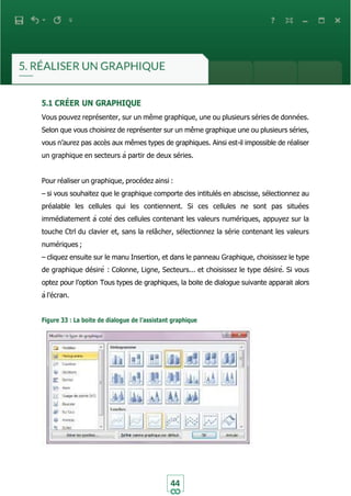 44
5.1 CRÉER UN GRAPHIQUE
Vous pouvez représenter, sur un même graphique, une ou plusieurs séries de données.
Selon que vous choisirez de représenter sur un même graphique une ou plusieurs séries,
vous n’aurez pas accès aux mêmes types de graphiques. Ainsi est-il impossible de réaliser
un graphique en secteurs à partir de deux séries.
Pour réaliser un graphique, procédez ainsi :
– si vous souhaitez que le graphique comporte des intitulés en abscisse, sélectionnez au
préalable les cellules qui les contiennent. Si ces cellules ne sont pas situées
immédiatement à coté des cellules contenant les valeurs numériques, appuyez sur la
touche Ctrl du clavier et, sans la relâcher, sélectionnez la série contenant les valeurs
numériques ;
– cliquez ensuite sur le manu Insertion, et dans le panneau Graphique, choisissez le type
de graphique désiré : Colonne, Ligne, Secteurs... et choisissez le type désiré. Si vous
optez pour l’option Tous types de graphiques, la boite de dialogue suivante apparait alors
à l’écran.
Figure 33 : La boite de dialogue de l’assistant graphique
 