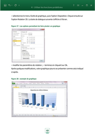 49
– sélectionnez le menu Outils de graphique, puis l’option Disposition. Cliquez ensuite sur
l’option Rotation 3D. La boite de dialogue suivante s’affiche à l’écran.
Figure 37 : Les options permettant de faire pivoter un graphique
– modifier les paramètres de rotation ; – terminez en cliquant sur Ok.
Après quelques modifications, votre graphique pourra se présenter comme celui indiqué
ci-après.
Figure 38 : exemple de graphique
 
