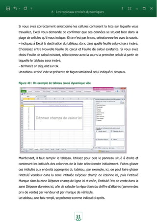 51
Si vous avez correctement sélectionné les cellules contenant la liste sur laquelle vous
travaillez, Excel vous demande de confirmer que ces données se situent bien dans la
plage de cellules qu’il vous indique. Si ce n’est pas le cas, sélectionnez-les avec la souris.
– indiquez à Excel la destination du tableau, donc dans quelle feuille celui-ci sera insèré.
Choisissez entre Nouvelle feuille de calcul et Feuille de calcul existante. Si vous avez
choisi Feuille de calcul existant, sélectionnez avec la souris la première cellule à partir de
laquelle le tableau sera insèré.
– terminez en cliquant sur Ok.
Un tableau croisé vide se présente de façon similaire à celui indiqué ci-dessous.
Figure 40 : Un exemple de tableau croisé dynamique vide
Maintenant, il faut remplir le tableau. Utilisez pour cela le panneau situé à droite et
contenant les intitulés des colonnes de la liste sélectionnée initialement. Faites glisser
ces intitulés aux endroits appropries du tableau, par exemple, ici, on peut faire glisser
l’intitulé Vendeur dans la zone intitulée Déposer champ de colonne ici, puis l’intitulé
Marque dans la zone Déposer champ de ligne ici et enfin, l’intitulé Prix de vente dans la
zone Déposer données ici, afin de calculer la répartition du chiffre d’affaires (somme des
prix de vente) par vendeur et par marque de véhicule.
Le tableau, une fois rempli, se présente comme indiqué ci-après.
 