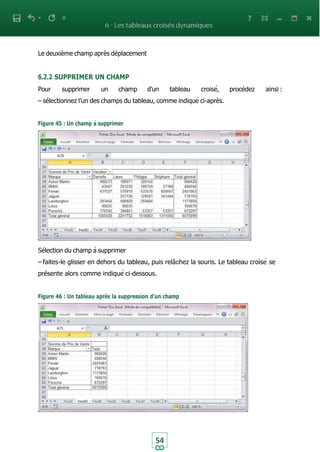 54
Le deuxième champ après déplacement
6.2.2 SUPPRIMER UN CHAMP
Pour supprimer un champ d’un tableau croisé, procédez ainsi :
– sélectionnez l’un des champs du tableau, comme indiqué ci-après.
Figure 45 : Un champ à supprimer
Sélection du champ à supprimer
– faites-le glisser en dehors du tableau, puis relâchez la souris. Le tableau croisé se
présente alors comme indiqué ci-dessous.
Figure 46 : Un tableau après la suppression d’un champ
 