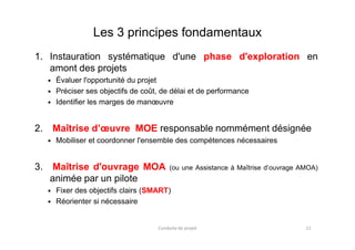 Les 3 principes fondamentaux
1. Instauration systématique d'une phase d'exploration en
amont des projets
Évaluer l'opportunité du projet
Préciser ses objectifs de coût, de délai et de performance
Identifier les marges de manœuvre
2. Maîtrise d’œuvre MOE responsable nommément désignée2. Maîtrise d’œuvre MOE responsable nommément désignée
Mobiliser et coordonner l'ensemble des compétences nécessaires
3. Maîtrise d'ouvrage MOA (ou une Assistance à Maîtrise d’ouvrage AMOA)
animée par un pilote
Fixer des objectifs clairs (SMART)
Réorienter si nécessaire
Conduite de projet 11
 