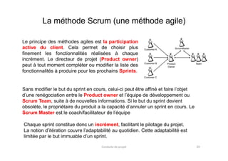 Le principe des méthodes agiles est la participation
active du client. Cela permet de choisir plus
finement les fonctionnalités réalisées à chaque
incrément. Le directeur de projet (Product owner)
peut à tout moment compléter ou modifier la liste des
fonctionnalités à produire pour les prochains Sprints.
La méthode Scrum (une méthode agile)
20Conduite de projet
Sans modifier le but du sprint en cours, celui-ci peut être affiné et faire l’objet
d’une renégociation entre le Product owner et l’équipe de développement ou
Scrum Team, suite à de nouvelles informations. Si le but du sprint devient
obsolète, le propriétaire du produit a la capacité d’annuler un sprint en cours. Le
Scrum Master est le coach/facilitateur de l’équipe
Chaque sprint constitue donc un incrément, facilitant le pilotage du projet.
La notion d’itération couvre l’adaptabilité au quotidien. Cette adaptabilité est
limitée par le but immuable d’un sprint.
 