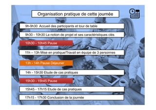 Organisation pratique de cette journée
9h-9h30 Accueil des participants et tour de table
9h30 - 10h30 La notion de projet et ses caractéristiques clés
10h30 - 10h45 Pause
11h – 13h Mise en pratique/Travail en équipe de 3 personnes
4
14h - 15h30 Etude de cas pratiques
13h - 14h Pause Déjeuner
15h30 - 15h45 Pause
15h45 - 17h15 Etude de cas pratiques
17h15 - 17h30 Conclusion de la journée
 