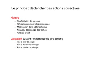 Le principe : déclencher des actions correctives
Nature
– Réaffectation de moyens
– Affectation de nouvelles ressources
– Modification de la cible technique
– Nouveau découpage des tâches
Arrêt du projet– Arrêt du projet
Validation suivant l'importance de ces actions
– Par le chef de projet
– Par la maîtrise d'ouvrage
– Par le comité de pilotage
 