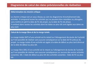 Diagramme de calcul des dates prévisionnelles de réalisation
Détermination du chemin critique
Le chemin critique est un sous-réseau au sein du diagramme d'enchaînement des
activités. Il comprend toutes les activités qui ne peuvent être retardées ou allongées
sans mettre en péril la date de fin de projet, ou la date de fin de phase.
Il contient donc toutes les activités dont les dates au plus tôt sont égales aux dates au
plus tard.
Calcul de la marge libre et de la marge totale
Conduite de projet 69
La marge totale (MT) d'une activité est le retard ou l'allongement de durée de l'activité
qu'il est possible de réaliser sans aucune conséquence sur la date de fin prévue du
projet. La marge totale d'une activité est égale à la date de début au plus tard diminué
de la date de début au plus tôt.
La marge libre (ML) d'une activité est le retard ou l'allongement de durée de l'activité
qu'il est possible de réaliser sans aucune conséquence sur aucune des autres activités
suivantes. ML = Date de début au plus tôt des activités suivantes - Date de fin au plus
tôt
 