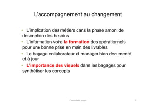 L’accompagnement au changement
• L’implication des métiers dans la phase amont de
description des besoins
• L’information voire la formation des opérationnels
pour une bonne prise en main des livrables
• Le bagage collaborateur et manager bien documenté
Conduite de projet 76
• Le bagage collaborateur et manager bien documenté
et à jour
• L’importance des visuels dans les bagages pour
synthétiser les concepts
 