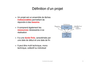 Définition d’un projet
Un projet est un ensemble de tâches
indissociables permettant de
répondre à des besoins
Il comprend également les
ressources nécessaires à sa
réalisationréalisation
Il a une durée finie, caractérisée par
une date de début et une date de fin
Il peut être multi technique, mono
technique, collectif ou individuel
Conduite de projet 8
 