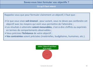 Rappelez-vous que pour formuler clairement un objectif, il faut que :
Ce que vous visez soit énoncé ; pour autant, vous ne devez pas confondre cet
objectif avec les moyens qui vont vous permettre de l’atteindre ;
Les résultats à atteindre soient mesurables, c’est-à-dire chiffrés ou exprimés
en termes de comportements observables ;
Vous précisiez l’échéance de votre objectif ;
Vos contraintes soient précisées (matérielles, budgétaires, humaines, etc.).
Conduite de projet 30
Ce qu’il faut retenir
Savez-vous bien formuler vos objectifs ?
 