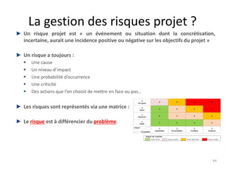 La gestion des risques projet ?
► Un risque projet est « un événement ou situation dont la concrétisation,
incertaine, aurait une incidence positive ou négative sur les objectifs du projet »
► Un risque a toujours :
 Une cause
 Un niveau d’impact
 Une probabilité d’occurrence
 Une criticité
 Des actions que l’on choisit de mettre en face ou pas…
► Les risques sont représentés via une matrice :
► Le risque est à différencier du problème
64
 