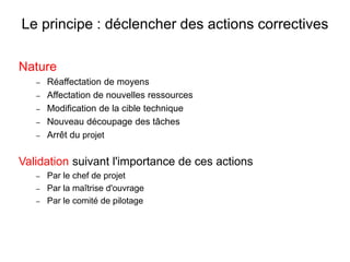 Le principe : déclencher des actions correctives
Nature
– Réaffectation de moyens
– Affectation de nouvelles ressources
– Modification de la cible technique
– Nouveau découpage des tâches
– Arrêt du projet
Validation suivant l'importance de ces actions
– Par le chef de projet
– Par la maîtrise d'ouvrage
– Par le comité de pilotage
 