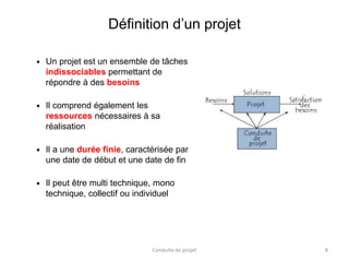 Définition d’un projet
 Un projet est un ensemble de tâches
indissociables permettant de
répondre à des besoins
 Il comprend également les
ressources nécessaires à sa
réalisation
 Il a une durée finie, caractérisée par
une date de début et une date de fin
 Il peut être multi technique, mono
technique, collectif ou individuel
Conduite de projet 8
 