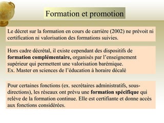 Formation et promotion
Le décret sur la formation en cours de carrière (2002) ne prévoit niLe décret sur la formation en cours de carrière (2002) ne prévoit ni
certification ni valorisation des formations suivies.certification ni valorisation des formations suivies.
Hors cadre décrétal, il existe cependant des dispositifs deHors cadre décrétal, il existe cependant des dispositifs de
formation complémentaire,formation complémentaire, organisés par l’enseignementorganisés par l’enseignement
supérieur qui permettent une valorisation barémique.supérieur qui permettent une valorisation barémique.
Ex. Master en sciences de l’éducation à horaire décaléEx. Master en sciences de l’éducation à horaire décalé
Pour certaines fonctions (ex. secrétaires administratifs, sous-Pour certaines fonctions (ex. secrétaires administratifs, sous-
directions), les réseaux ont prévu unedirections), les réseaux ont prévu une formation spécifiqueformation spécifique quiqui
relève de la formation continue. Elle est certifiante et donne accèsrelève de la formation continue. Elle est certifiante et donne accès
aux fonctions considérées.aux fonctions considérées.
 