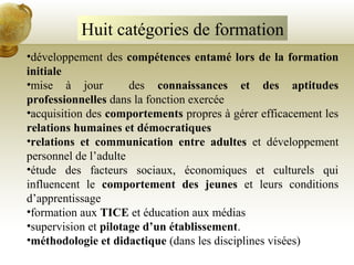 Huit catégories de formation
•développement des compétences entamé lors de la formation
initiale
•mise à jour des connaissances et des aptitudes
professionnelles dans la fonction exercée
•acquisition des comportements propres à gérer efficacement les
relations humaines et démocratiques
•relations et communication entre adultes et développement
personnel de l’adulte
•étude des facteurs sociaux, économiques et culturels qui
influencent le comportement des jeunes et leurs conditions
d’apprentissage
•formation aux TICE et éducation aux médias
•supervision et pilotage d’un établissement.
•méthodologie et didactique (dans les disciplines visées)
 
