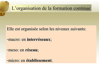L’organisation de la formation continue
Elle est organisée selon les niveaux suivants:Elle est organisée selon les niveaux suivants:
-macro: enmacro: en interréseauxinterréseaux;;
-meso: enmeso: en réseauréseau;;
-micro: enmicro: en établissementétablissement..
 