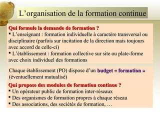 L’organisation de la formation continue
Qui formule la demande de formation ?Qui formule la demande de formation ?
 L’enseignant : formation individuelle à caractère transversal ouL’enseignant : formation individuelle à caractère transversal ou
disciplinaire (parfois sur incitation de la direction mais toujoursdisciplinaire (parfois sur incitation de la direction mais toujours
avec accord de celle-ci)avec accord de celle-ci)
 L’établissement : formation collective sur site ou plate-formeL’établissement : formation collective sur site ou plate-forme
avec choix individuel des formationsavec choix individuel des formations
Qui propose des modules de formation continue ?Qui propose des modules de formation continue ?
 Un opérateur public de formation inter-réseauxUn opérateur public de formation inter-réseaux
 Des organismes de formation propres à chaque réseauDes organismes de formation propres à chaque réseau
 Des associations, des sociétés de formation, …Des associations, des sociétés de formation, …
Chaque établissement (PO) dispose d’unChaque établissement (PO) dispose d’un budget « formation »budget « formation »
(éventuellement mutualisé)(éventuellement mutualisé)
 