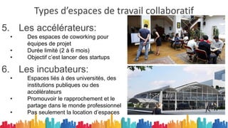 Types d’espaces de travail collaboratif
5. Les accélérateurs:
• Des espaces de coworking pour
équipes de projet
• Durée limité (2 à 6 mois)
• Objectif c’est lancer des startups
6. Les incubateurs:
• Espaces liés à des universités, des
institutions publiques ou des
accélérateurs
• Promouvoir le rapprochement et le
partage dans le monde professionnel
• Pas seulement la location d’espaces
 
