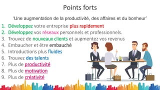 Points forts
‘Une augmentation de la productivité, des affaires et du bonheur’
1. Développez votre entreprise plus rapidement
2. Développez vos réseaux personnels et professionnels.
3. Trouvez de nouveaux clients et augmentez vos revenus
4. Embaucher et être embauché
5. Introductions plus fluides
6. Trouvez des talents
7. Plus de productivité
8. Plus de motivation
9. Plus de créativité
 