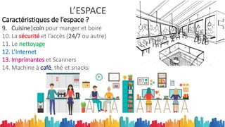 L’ESPACE
Caractéristiques de l’espace ?
9. Cuisine|coin pour manger et boire
10. La sécurité et l’accès (24/7 ou autre)
11. Le nettoyage
12. L’Internet
13. Imprimantes et Scanners
14. Machine à café, thé et snacks
 