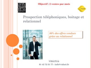Objectif : 2 ventes par mois Prospection téléphoniques, boitage et relationnel VIDATI.fr 01 42 72 51 77 - info@vidati.fr 80% des offres vendues grâce au relationnel 