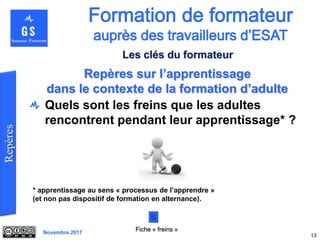 Novembre 2017
Quels sont les freins que les adultes
rencontrent pendant leur apprentissage* ?
* apprentissage au sens « processus de l’apprendre »
(et non pas dispositif de formation en alternance).
13
Fiche « freins »
Repères sur l’apprentissage
dans le contexte de la formation d’adulte
Les clés du formateur
 