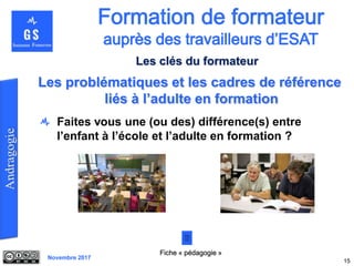 Novembre 2017
Faites vous une (ou des) différence(s) entre
l’enfant à l’école et l’adulte en formation ?
15
Les problématiques et les cadres de référence
liés à l’adulte en formation
Fiche « pédagogie »
Les clés du formateur
 