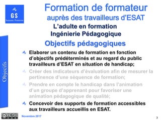 Novembre 2017
Objectifs pédagogiques
Elaborer un contenu de formation en fonction
d’objectifs prédéterminés et au regard du public
travailleurs d’ESAT en situation de handicap;
Créer des indicateurs d’évaluation afin de mesurer la
pertinence d’une séquence de formation;
Prendre en compte le handicap dans l’animation
d’un groupe d’apprenant pour favoriser une
animation pédagogique de qualité;
Concevoir des supports de formation accessibles
aux travailleurs accueillis en ESAT.
3
L’adulte en formation
Ingénierie Pédagogique
 