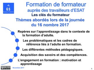 Novembre 2017
Thèmes abordés lors de la journée
du 16 nombre 2017
Repères sur l’apprentissage dans le contexte de
la formation d’adulte.
Les problématiques et les cadres de
référence liés à l’adulte en formation.
Les différentes méthodes pédagogiques.
Acquisition des savoirs et des compétences.
L’engagement en formation : motivation et
apprentissage
5
Les clés du formateur
 