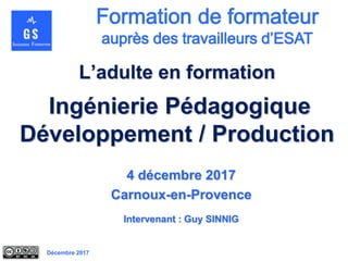 Décembre 2017
L’adulte en formation
Ingénierie Pédagogique
Développement / Production
4 décembre 2017
Carnoux-en-Provence
Intervenant : Guy SINNIG
 