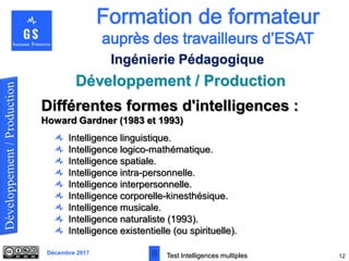 Décembre 2017
Développement / Production
12
Ingénierie Pédagogique
Différentes formes d'intelligences :
Howard Gardner (1983 et 1993)
Intelligence linguistique.
Intelligence logico-mathématique.
Intelligence spatiale.
Intelligence intra-personnelle.
Intelligence interpersonnelle.
Intelligence corporelle-kinesthésique.
Intelligence musicale.
Intelligence naturaliste (1993).
Intelligence existentielle (ou spirituelle).
Test Intelligences multiples
 