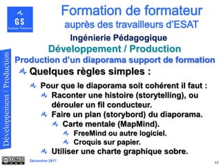Décembre 2017
Développement / Production
17
Ingénierie Pédagogique
Quelques règles simples :
Pour que le diaporama soit cohérent il faut :
Raconter une histoire (storytelling), ou
dérouler un fil conducteur.
Faire un plan (storybord) du diaporama.
Carte mentale (MapMind).
FreeMind ou autre logiciel.
Croquis sur papier.
Utiliser une charte graphique sobre.
Production d’un diaporama support de formation
 