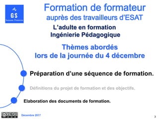 Décembre 2017
Thèmes abordés
lors de la journée du 4 décembre
Préparation d’une séquence de formation.
3
L’adulte en formation
Ingénierie Pédagogique
Elaboration des documents de formation.
Définitions du projet de formation et des objectifs.
 