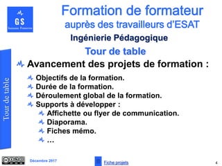 Décembre 2017
Tour de table
4
Ingénierie Pédagogique
Avancement des projets de formation :
Objectifs de la formation.
Durée de la formation.
Déroulement global de la formation.
Supports à développer :
Affichette ou flyer de communication.
Diaporama.
Fiches mémo.
…
Fiche projets
 