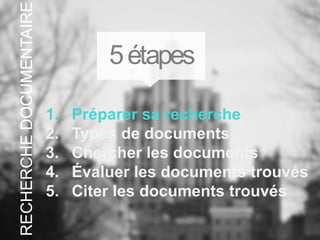 1. Préparer sa recherche
2. Types de documents
3. Chercher les documents
4. Évaluer les documents trouvés
5. Citer les documents trouvés
5étapes
RECHERCHEDOCUMENTAIRE
 