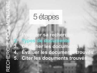 1. Préparer sa recherche
2. Types de documents
3. Chercher les documents
4. Évaluer les documents trouvés
5. Citer les documents trouvés
5étapes
RECHERCHEDOCUMENTAIRE
 