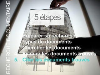 1. Préparer sa recherche
2. Types de documents
3. Chercher les documents
4. Évaluer les documents trouvés
5. Citer les documents trouvés
5étapes
RECHERCHEDOCUMENTAIRE
 
