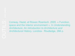 Conway, Hazel, et Rowan Roenisch. 2005. « Function,
space and the interior environment ». In Understanding
Architecture: An Introduction to Architecture and
Architectural History, Londres : Routledge, 266 p.
OUTILS:votrepalette
 