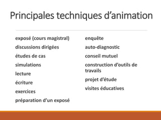 Principales techniques d’animation
exposé (cours magistral)
discussions dirigées
études de cas
simulations
lecture
écriture
exercices
préparation d’un exposé
enquête
auto-diagnostic
conseil mutuel
construction d’outils de
travails
projet d’étude
visites éducatives
 