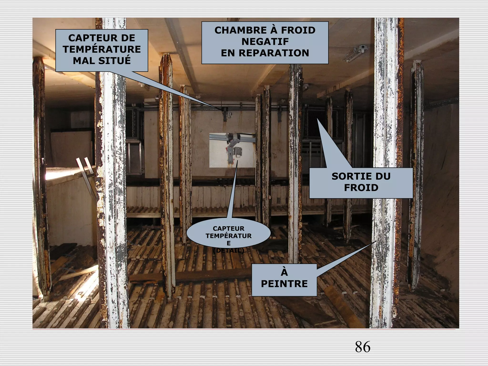 86
CHAMBRE À FROID
NEGATIF
EN REPARATION
SORTIE DU
FROID
CAPTEUR DE
TEMPÉRATURE
MAL SITUÉ
CAPTEUR
TEMPÉRATUR
E
(DETAIL)
À
PEINTRE
 