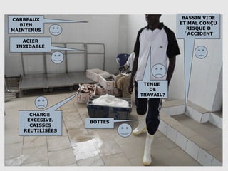 57
ACIER
INXIDABLE
CHARGE
EXCESIVE.
CAISSES
REUTILISÉES
BOTTES
TENUE
DE
TRAVAIL?
BASSIN VIDE
ET MAL CONÇU
RISQUE D
´ACCIDENT
CARREAUX
BIEN
MAINTENUS
 