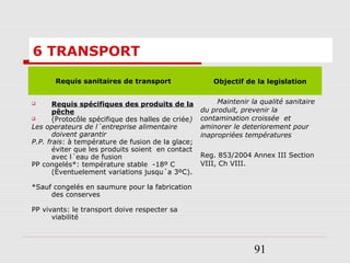 91
6 TRANSPORT
Requis sanitaires de transport Objectif de la legislation
 Requis spécifiques des produits de la
pêche
 (Protocôle spécifique des halles de criée)
Les operateurs de l´entreprise alimentaire
doivent garantir
P.P. frais: à température de fusion de la glace;
éviter que les produits soient en contact
avec l´eau de fusion
PP congelés*: température stable -18º C
(Eventuelement variations jusqu´a 3ºC).
*Sauf congelés en saumure pour la fabrication
des conserves
PP vivants: le transport doive respecter sa
viabilité
Maintenir la qualité sanitaire
du produit, prevenir la
contamination croissée et
aminorer le deteriorement pour
inapropriées températures
Reg. 853/2004 Annex III Section
VIII, Ch VIII.
 