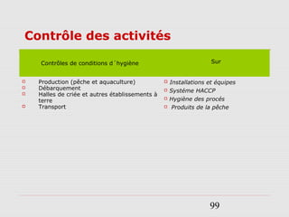 99
Contrôle des activités
Contrôles de conditions d´hygiène Sur
 Production (pêche et aquaculture)
 Débarquement
 Halles de criée et autres établissements à
terre
 Transport
 Installations et équipes
 Systéme HACCP
 Hygiène des procés
 Produits de la pêche
 