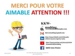 MERCI POUR VOTRE
AIMABLE ATTENTION !!!
KKW-
Consulting,
www.documentationqhse.com
kkwconsulting@gmail.com
https://www.linkedin.com/in/kouadio-
williams-kouame-ingenieur-qhse
https://www.youtube.com/channel/UCrM
ZSswwXXTrfQ7sEsXWEig
QHSE Cote d’Ivoire
04/12/2023
KOUAME KOUADIO WILLIAMS, INGENIEUR
QHSE/FORMATION
19
 