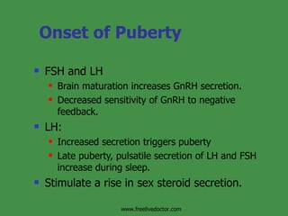 Onset of Puberty FSH and LH Brain maturation increases GnRH secretion. Decreased sensitivity of GnRH to negative feedback.  LH: Increased secretion triggers puberty Late puberty, pulsatile secretion of LH and FSH increase during sleep. Stimulate a rise in sex steroid secretion. www.freelivedoctor.com 