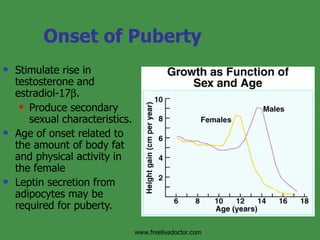 Onset of Puberty Stimulate rise in testosterone and estradiol-17  . Produce secondary sexual characteristics. Age of onset related to the amount of body fat and physical activity in the female Leptin secretion from adipocytes may be required for puberty. www.freelivedoctor.com 