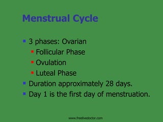 Menstrual Cycle 3 phases: Ovarian Follicular Phase Ovulation Luteal Phase Duration approximately 28 days. Day 1 is the first day of menstruation. www.freelivedoctor.com 