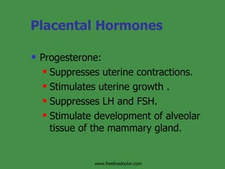 Placental Hormones Progesterone: Suppresses uterine contractions. Stimulates uterine growth . Suppresses LH and FSH. Stimulate development of alveolar tissue of the mammary gland. www.freelivedoctor.com 