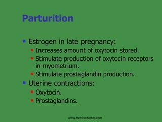 Parturition Estrogen in late pregnancy: Increases amount of oxytocin stored. Stimulate production of oxytocin receptors in myometrium. Stimulate prostaglandin production. Uterine contractions: Oxytocin. Prostaglandins. www.freelivedoctor.com 