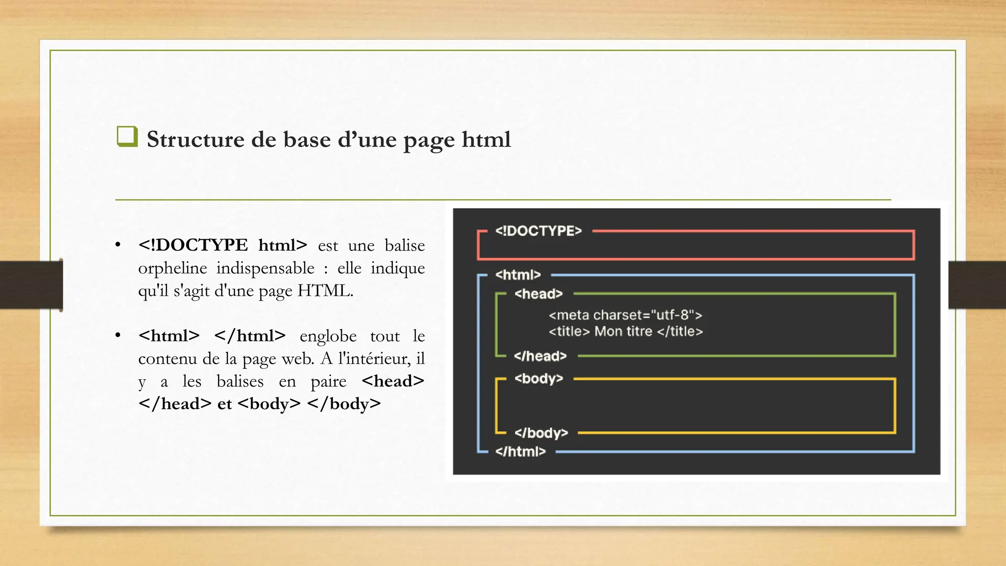  Structure de base d’une page html
• <!DOCTYPE html> est une balise
orpheline indispensable : elle indique
qu'il s'agit d'une page HTML.
• <html> </html> englobe tout le
contenu de la page web. A l'intérieur, il
y a les balises en paire <head>
</head> et <body> </body>
 